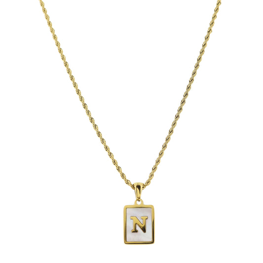 Gold Rectangle with Shell Inlay and Gold "N" Initial Center Necklace
