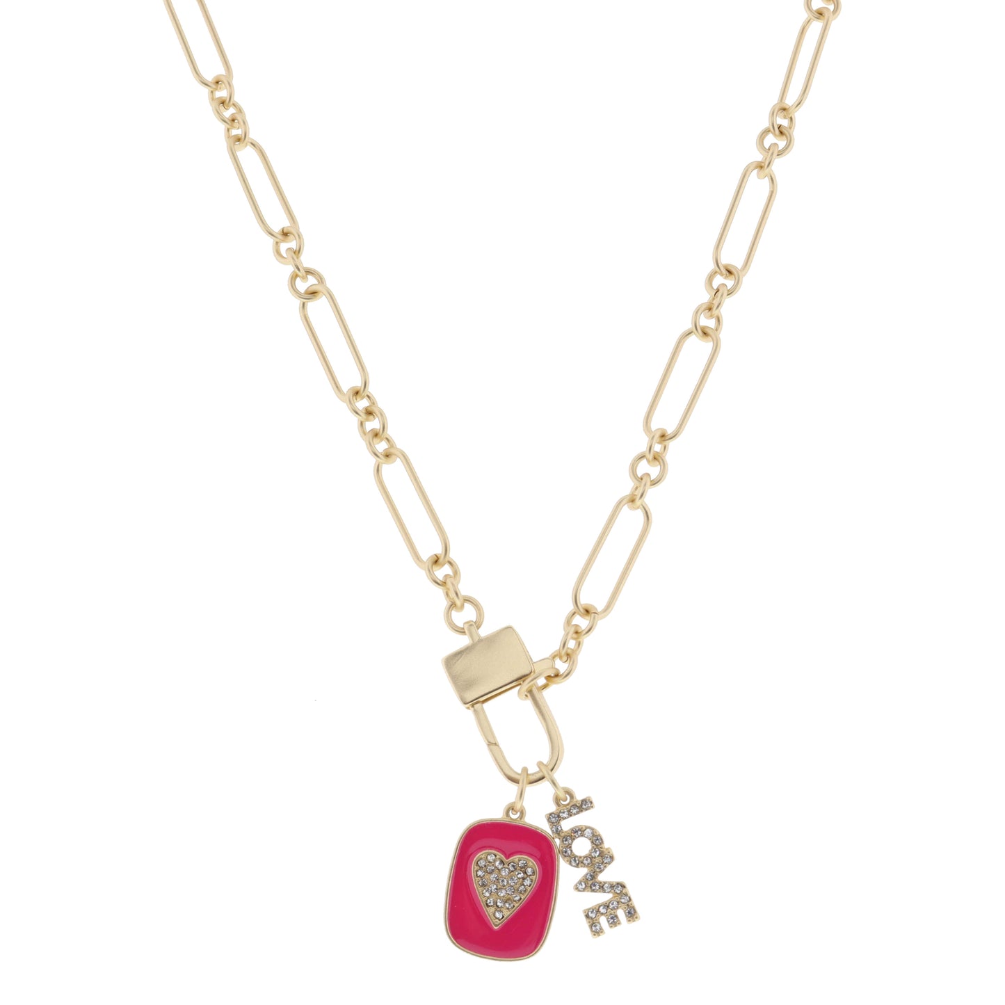 16", Fuchsia Enamel Rounded Rectangle with Clear Crystal Heart, Clear Crystal "LOVE" Bar Necklace, 3" Ext