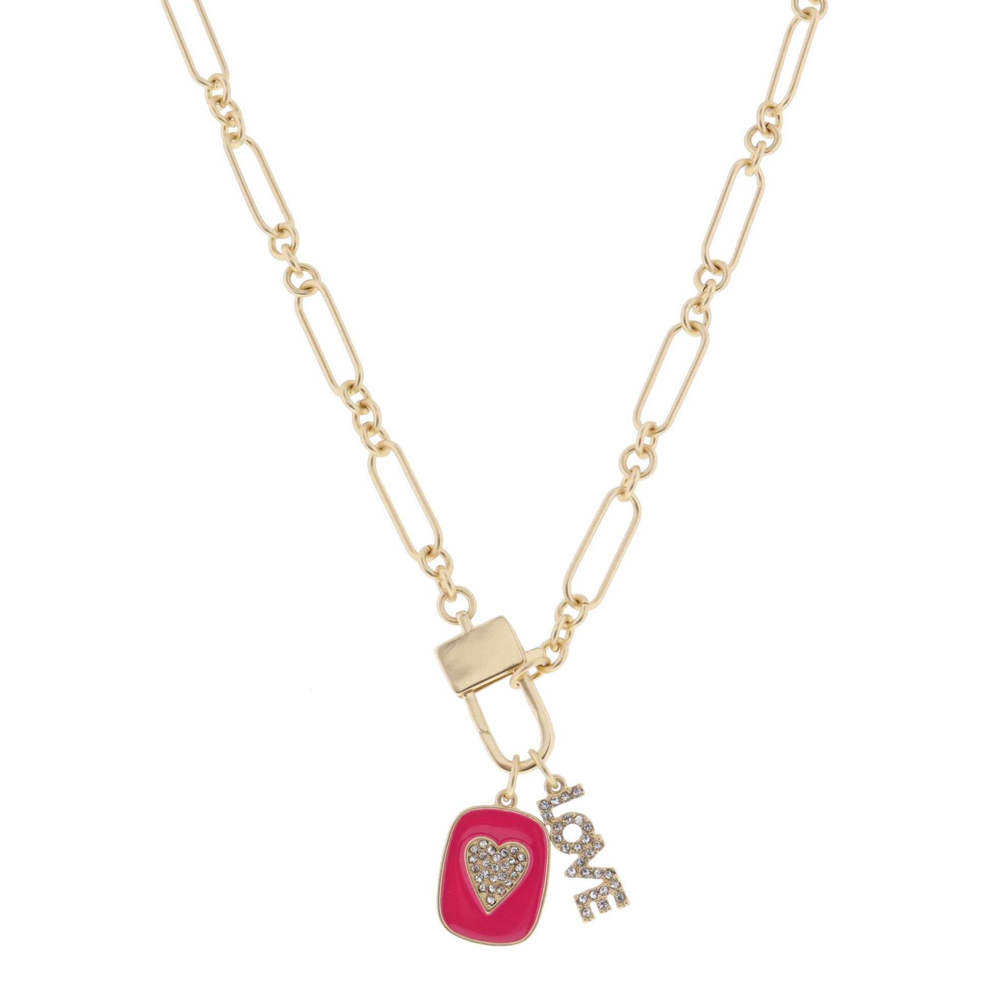 16", Fuchsia Enamel Rounded Rectangle with Clear Crystal Heart, Clear Crystal "LOVE" Bar Necklace, 3" Ext