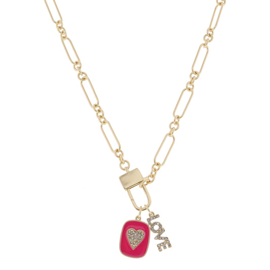 16", Fuchsia Enamel Rounded Rectangle with Clear Crystal Heart, Clear Crystal "LOVE" Bar Necklace, 3" Ext