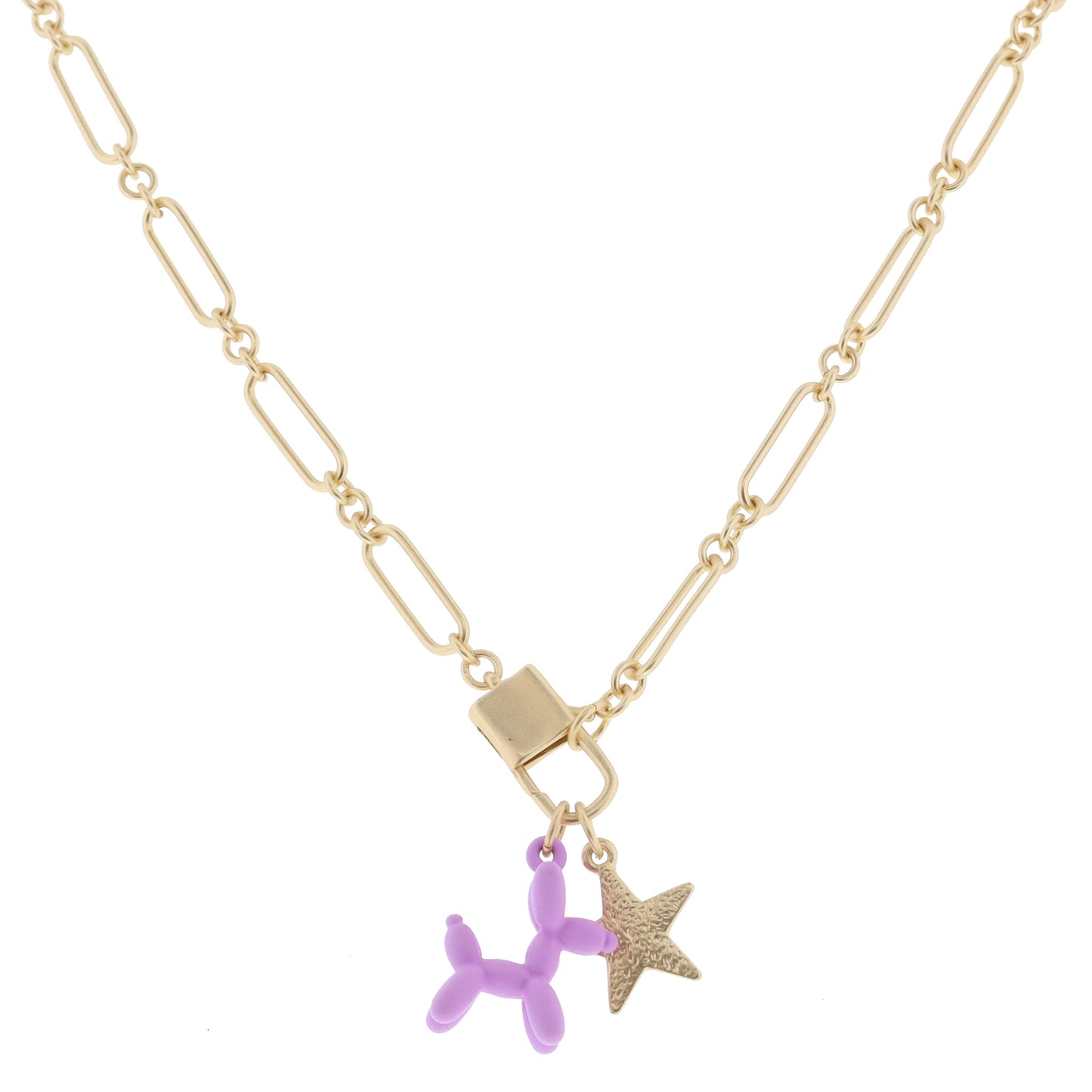 Kids 14" Gold Lobster Claw, Lavender Dipped Balloon Dog, Gold Hammered Star Necklace, 3" Ext