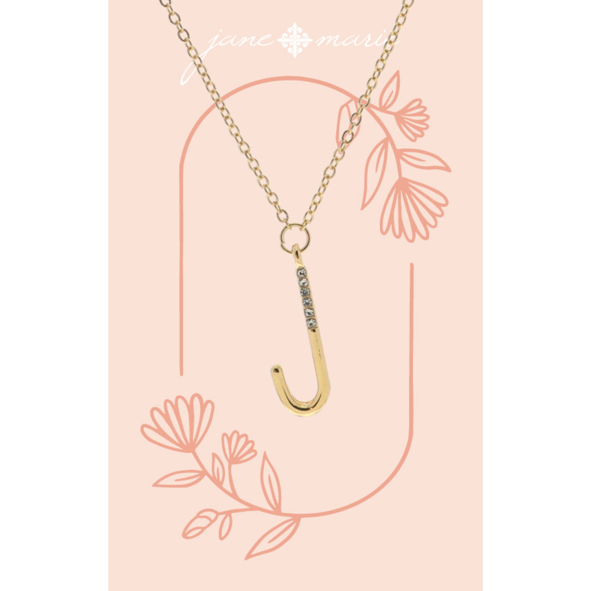 Shiny Gold Skinny "J" Initial with Clear Crystal Embellishments Necklace