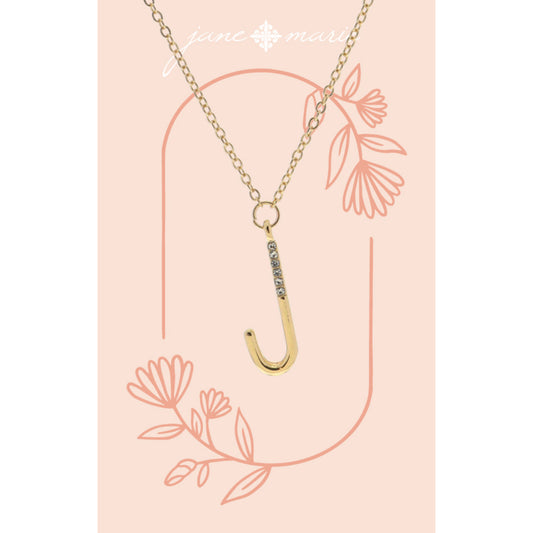Shiny Gold Skinny "J" Initial with Clear Crystal Embellishments Necklace
