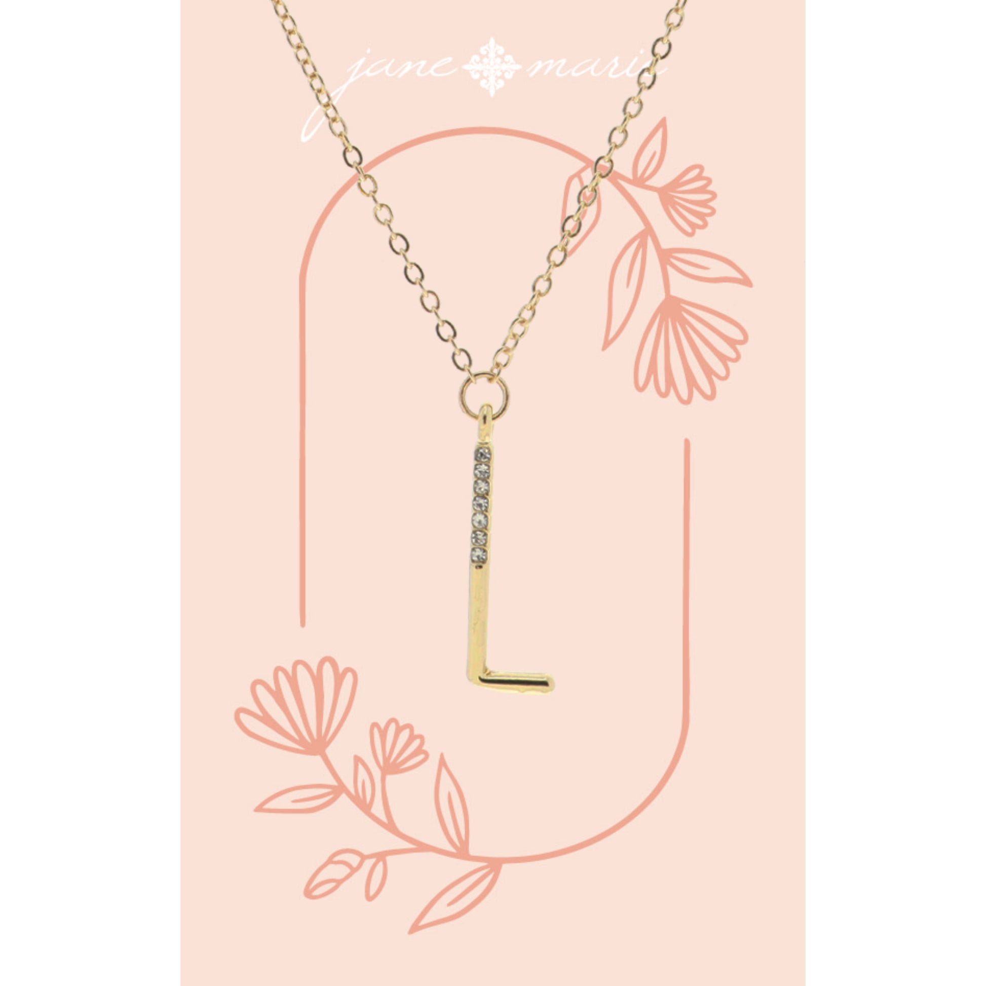 Shiny Gold Skinny "L" Initial with Clear Crystal Embellishments Necklace
