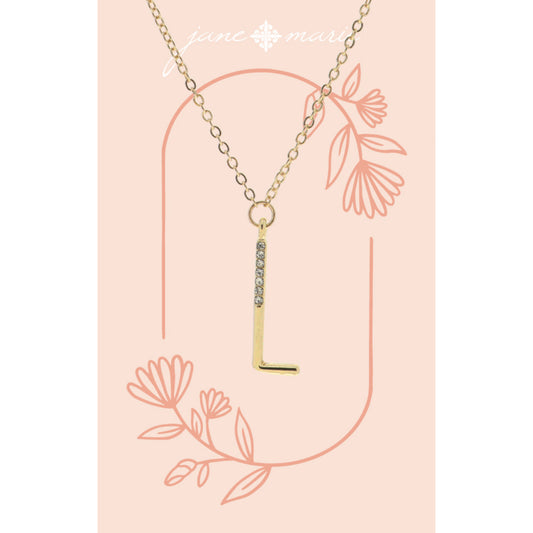 Shiny Gold Skinny "L" Initial with Clear Crystal Embellishments Necklace