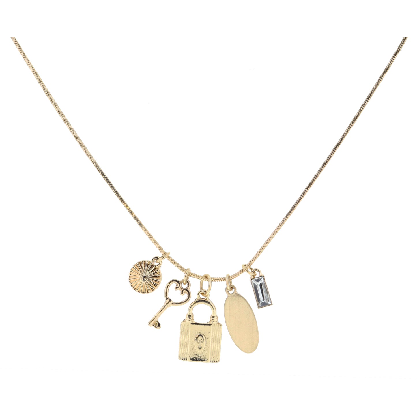 Textured Disc, Heart Key, Decorative Padlock, Elongated Oval Disc, Rectangle Clear Crystal Necklace