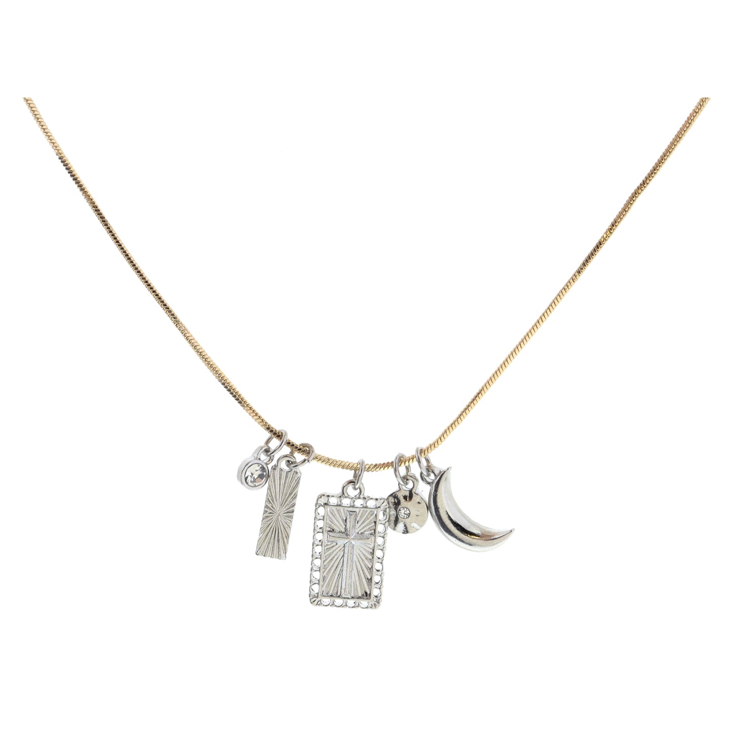 Crystal, Textured Silver Rectangle, Silver Rectangle Cross, Silver Disc, Silver Crescent Necklace