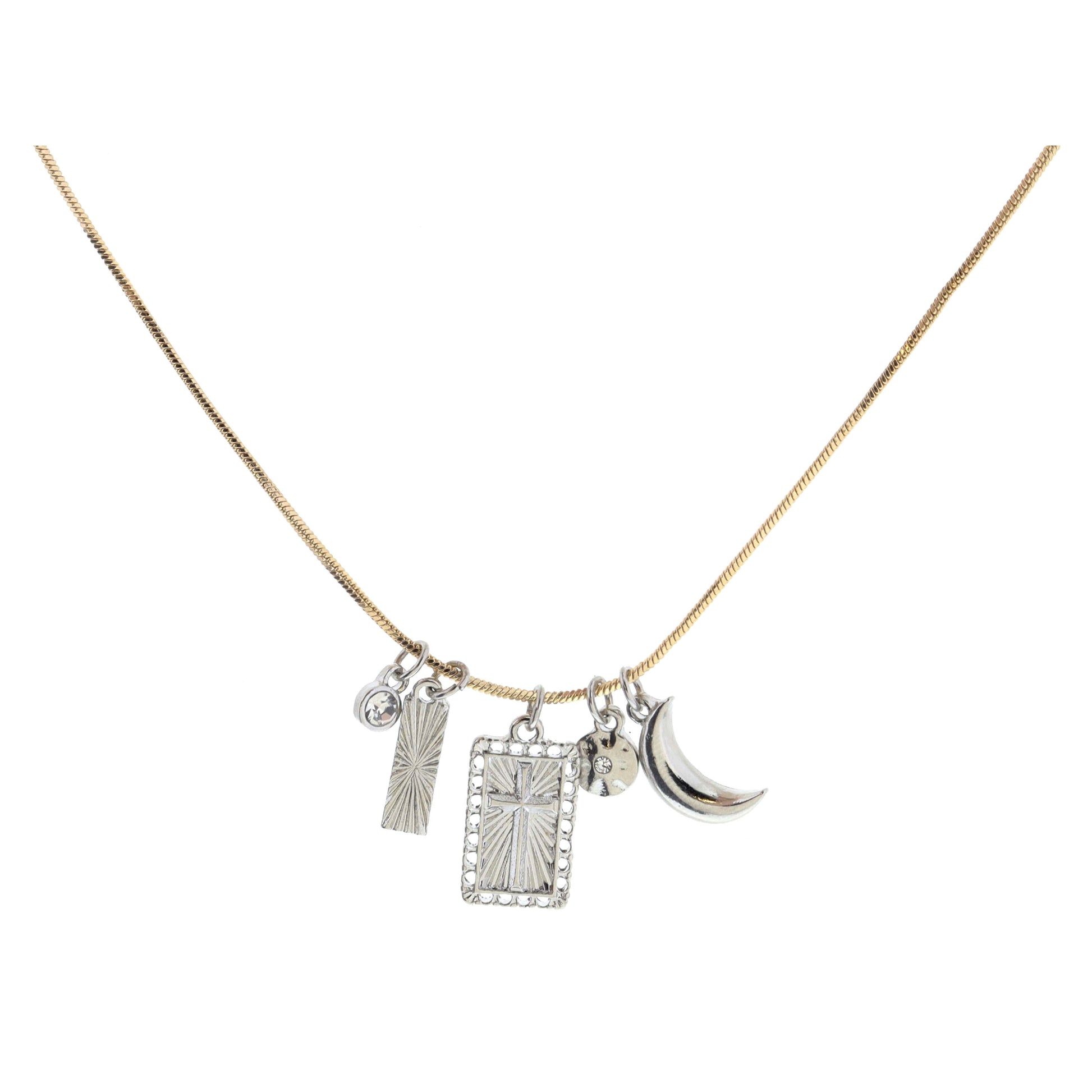 Crystal, Textured Silver Rectangle, Silver Rectangle Cross, Silver Disc, Silver Crescent Necklace