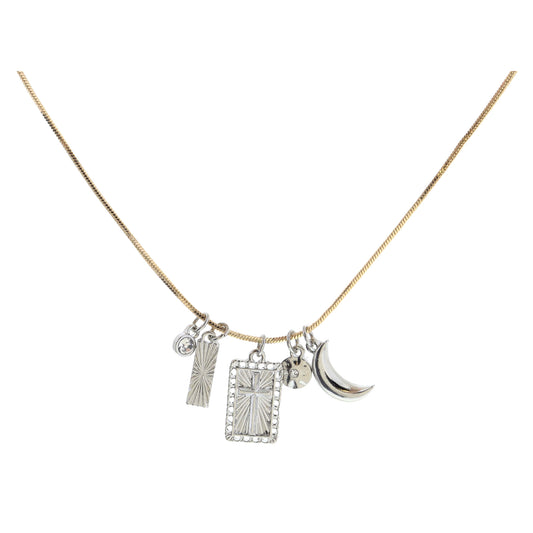 Crystal, Textured Silver Rectangle, Silver Rectangle Cross, Silver Disc, Silver Crescent Necklace