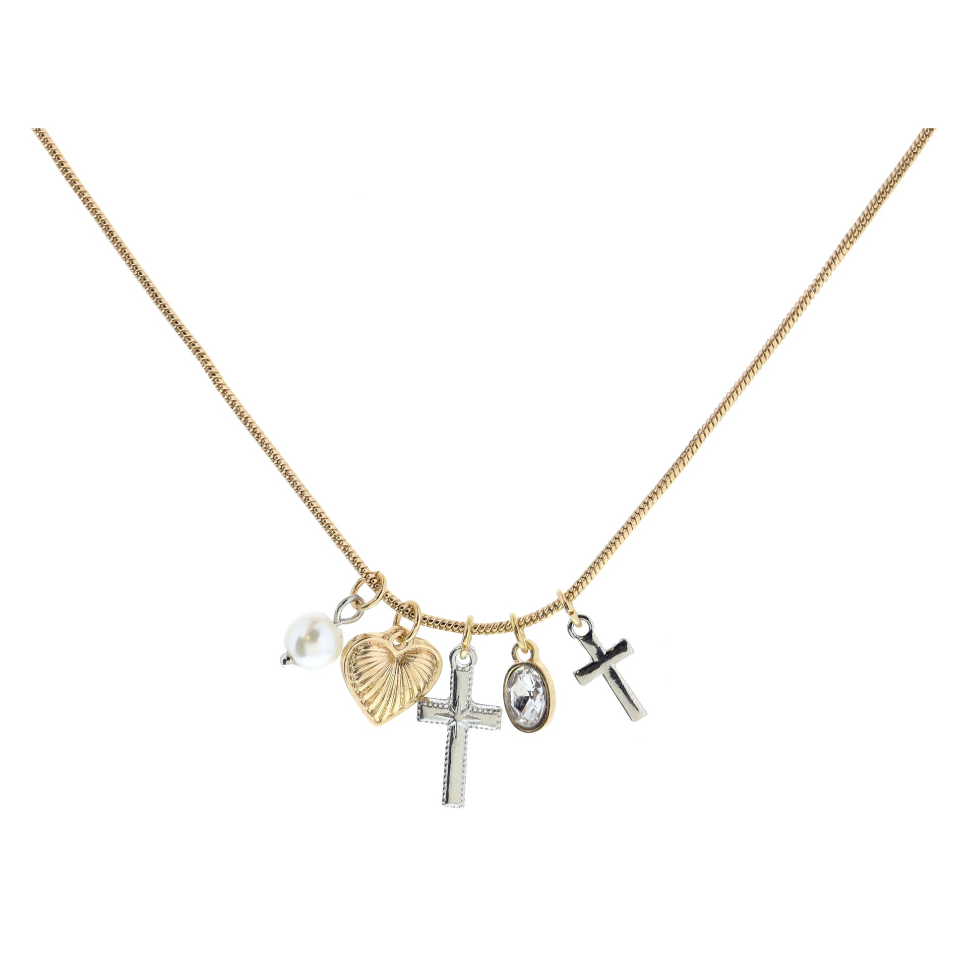 Pearl, Gold Heart, Silver Cross, Oval Clear Crystal, Silver Mini Cross Necklace