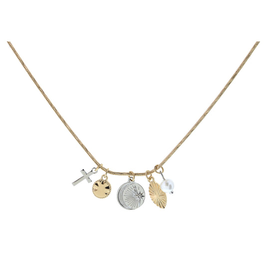 Silver Mini Cross, Gold Circle, Silver Moon & Star Disc, Gold Textured Marquise, Pearl Necklace
