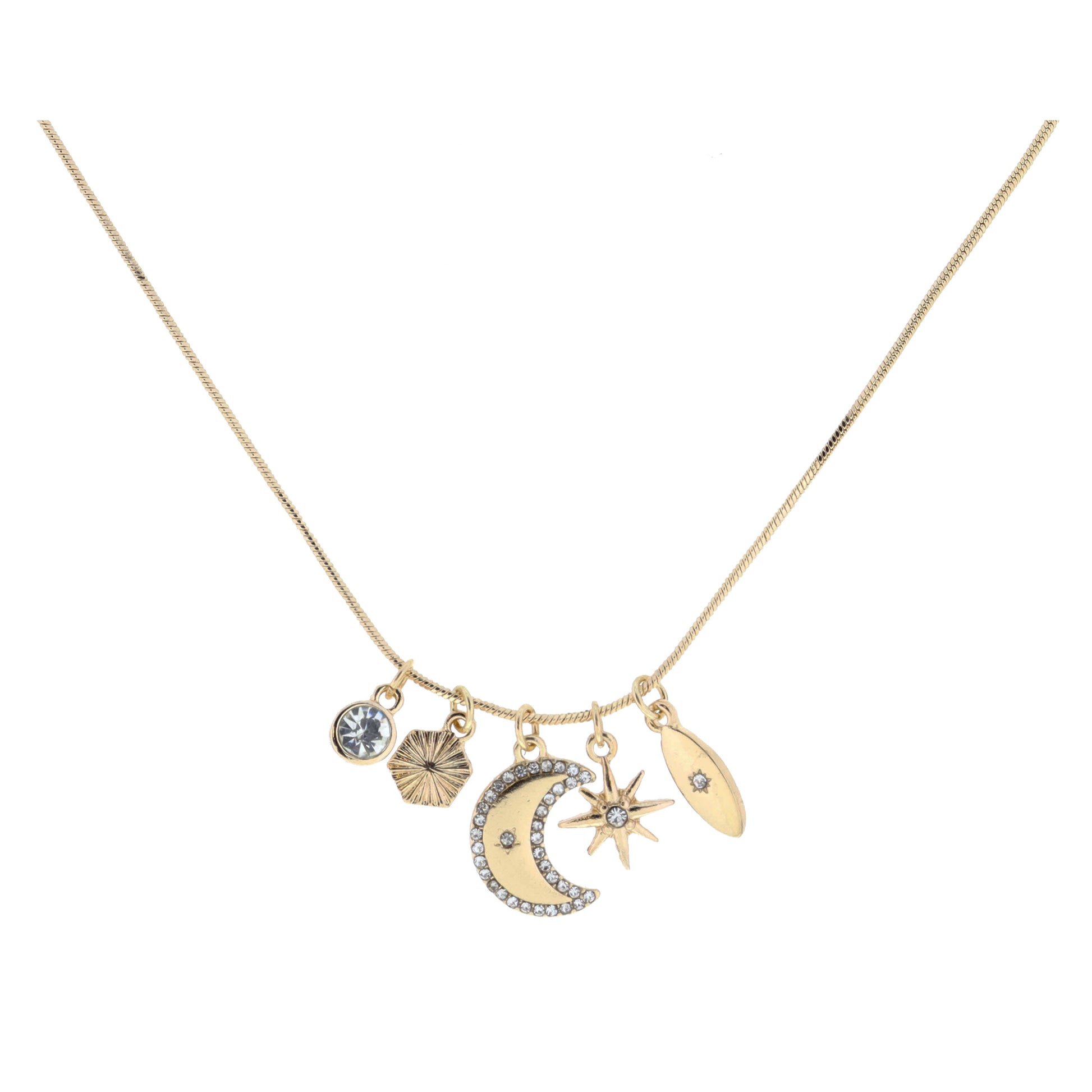 Crystal, Textured Hexagon, Crystal Crescent, Starburst with Crystal, Marquise with Crystal Necklace