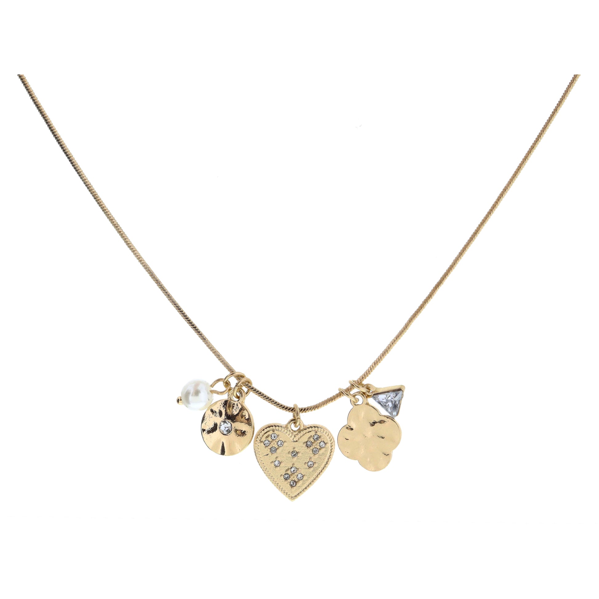 Pearl, Gold Disc Crystal, Gold Crystals Heart, Gold Quatrefoil, Silver Triangle Crystal Necklace