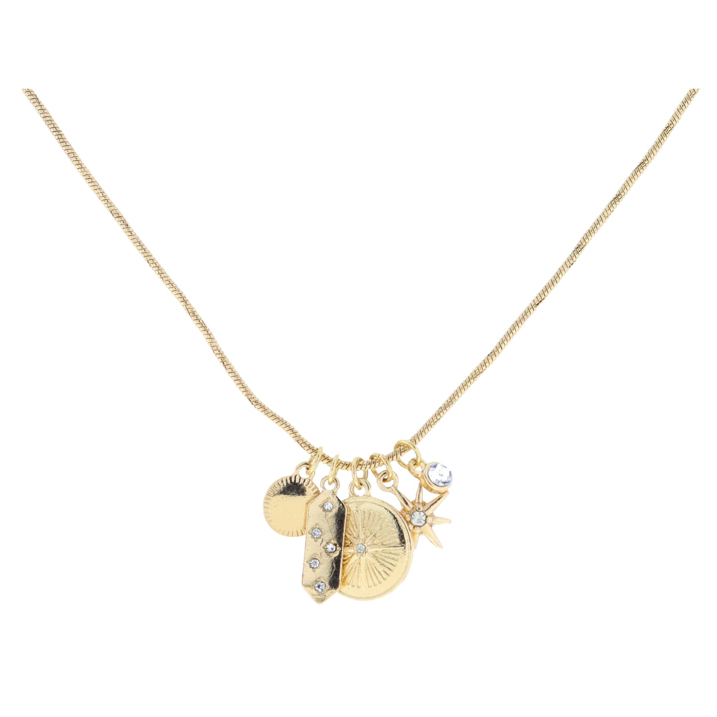 Gold Circle, Crystal Hexagon, Starburst Disc, Starburst with Crystal, Crystal Necklace