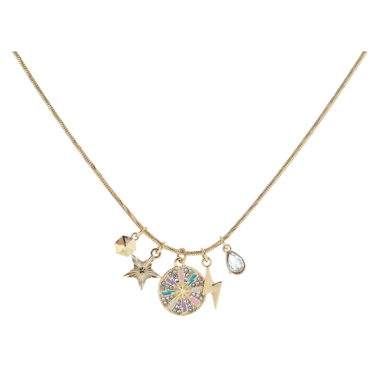 Hexagon Stud, Star, Disc with Lightning Bolts & Crystals, Lightning Bolt, Teardrop Crystal Necklace