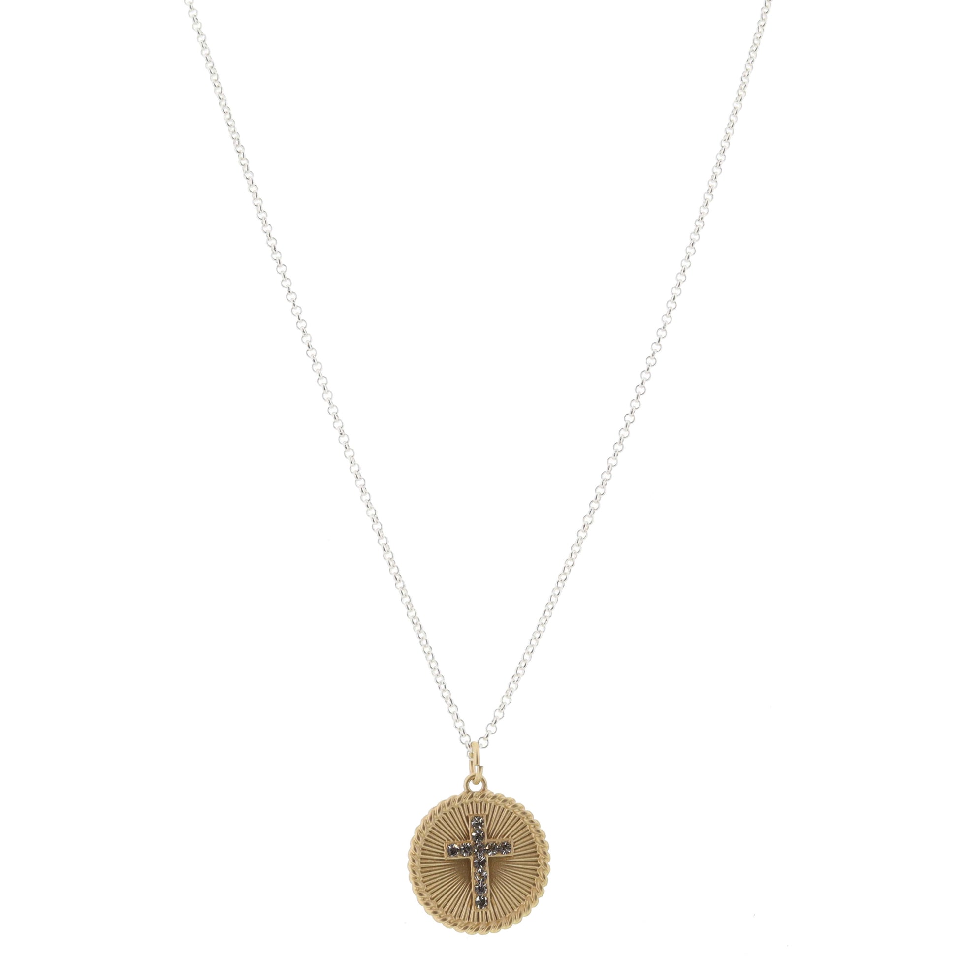 Gold Textured Disc with Clear Crsytal Cross Necklace, .85" Pendant