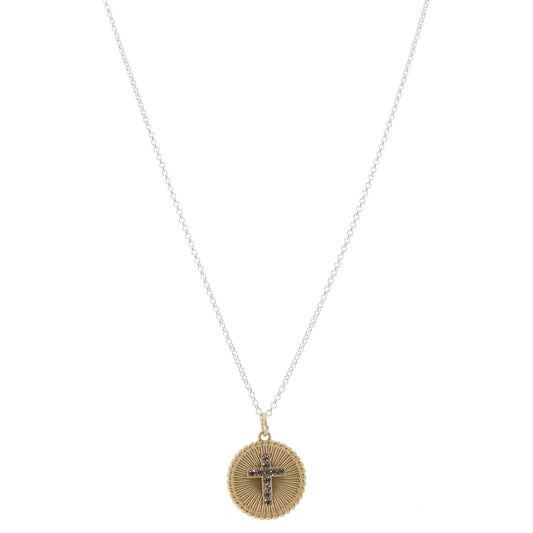 Gold Textured Disc with Clear Crsytal Cross Necklace, .85" Pendant