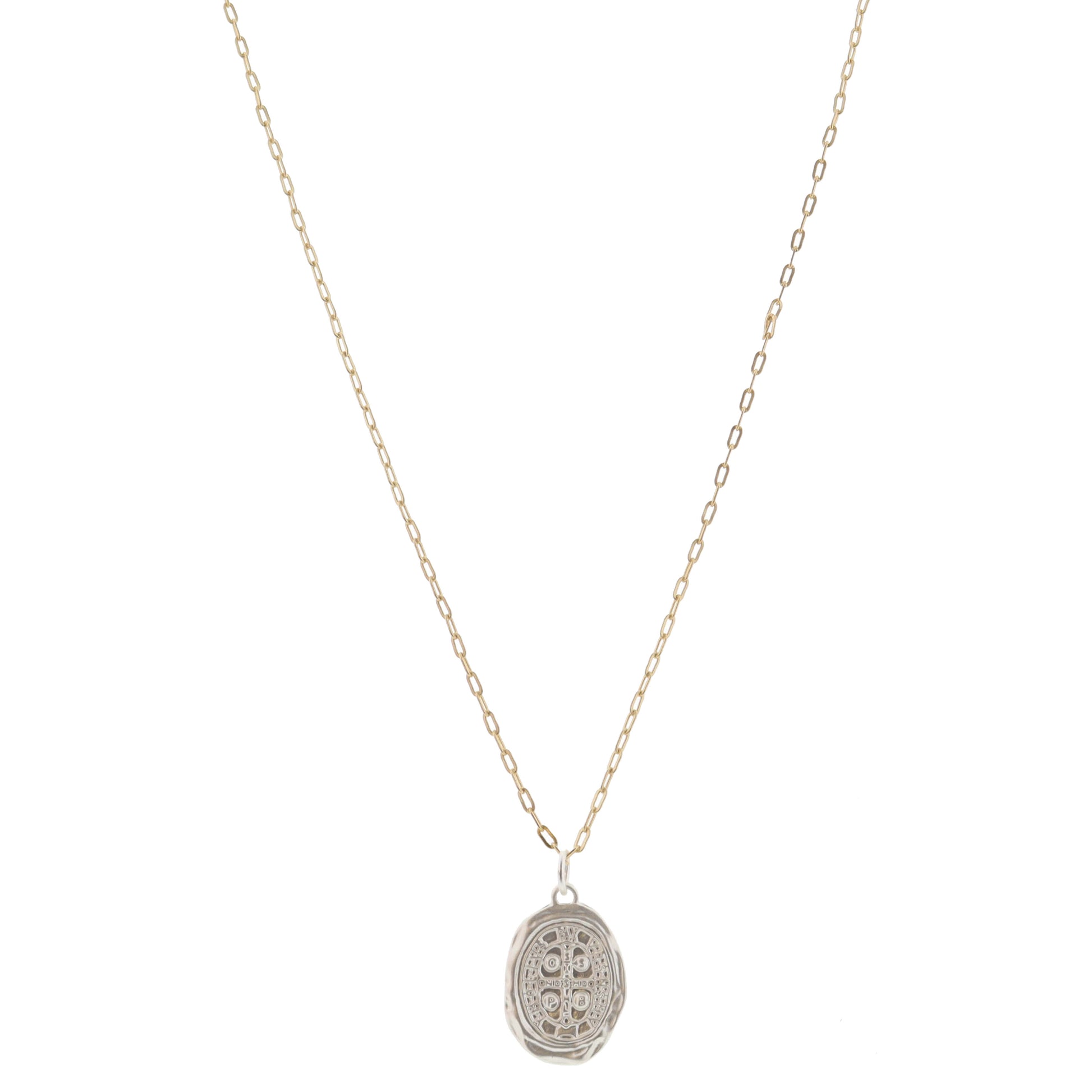 Silver Hammered Oval Cross Coin Necklace, .85" Pendant