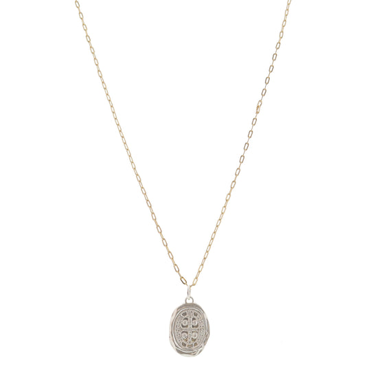 Silver Hammered Oval Cross Coin Necklace, .85" Pendant