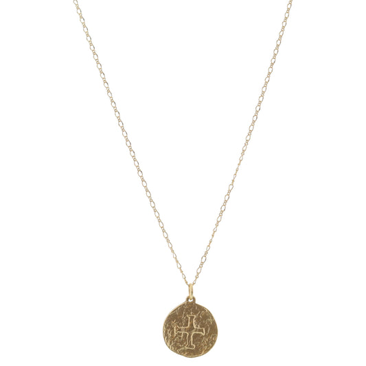 Gold Hammered Square Cross Coin Necklace, .85" Pendant