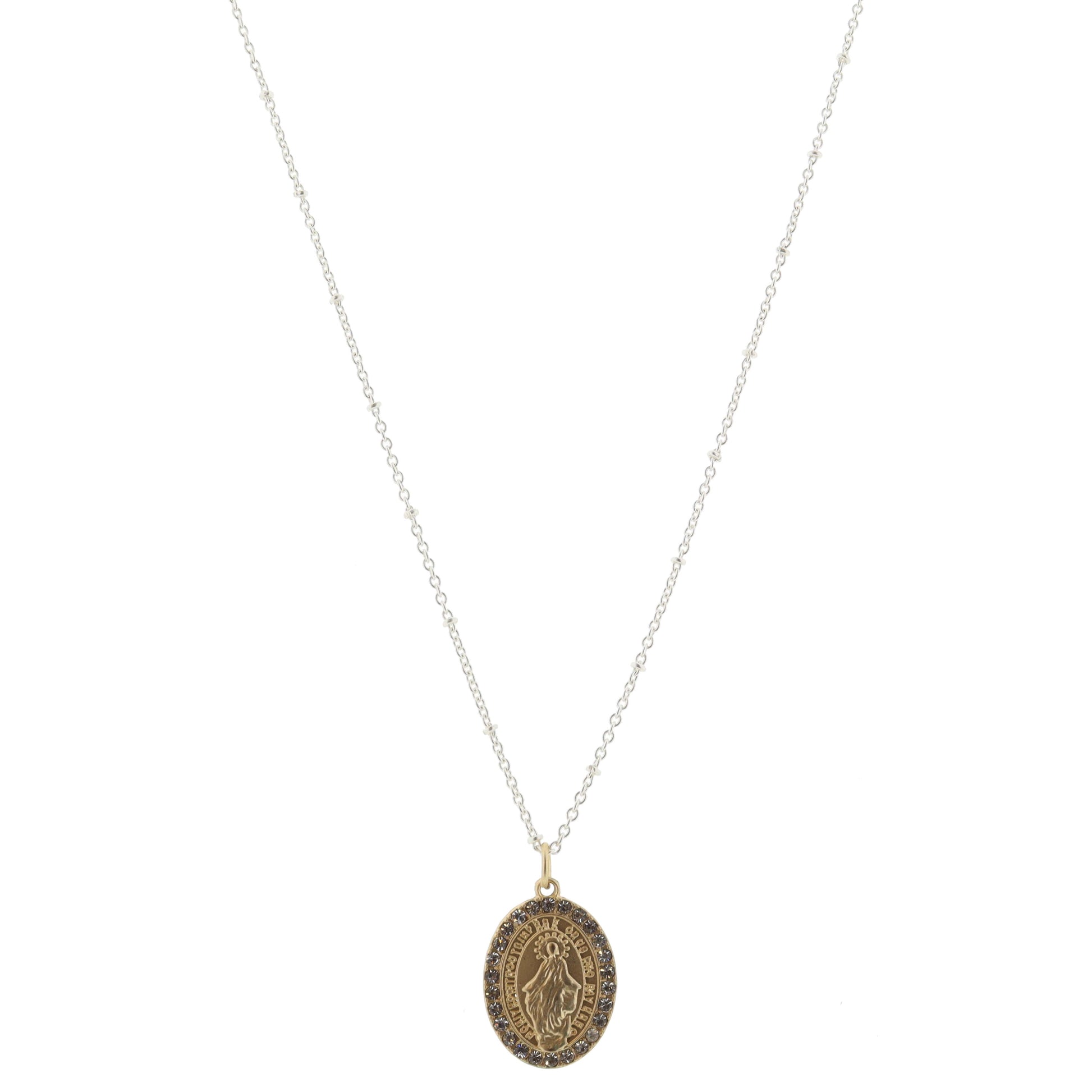 Gold Virgin Mary Pendant with Clear Crystals Necklace, .85" Pendant
