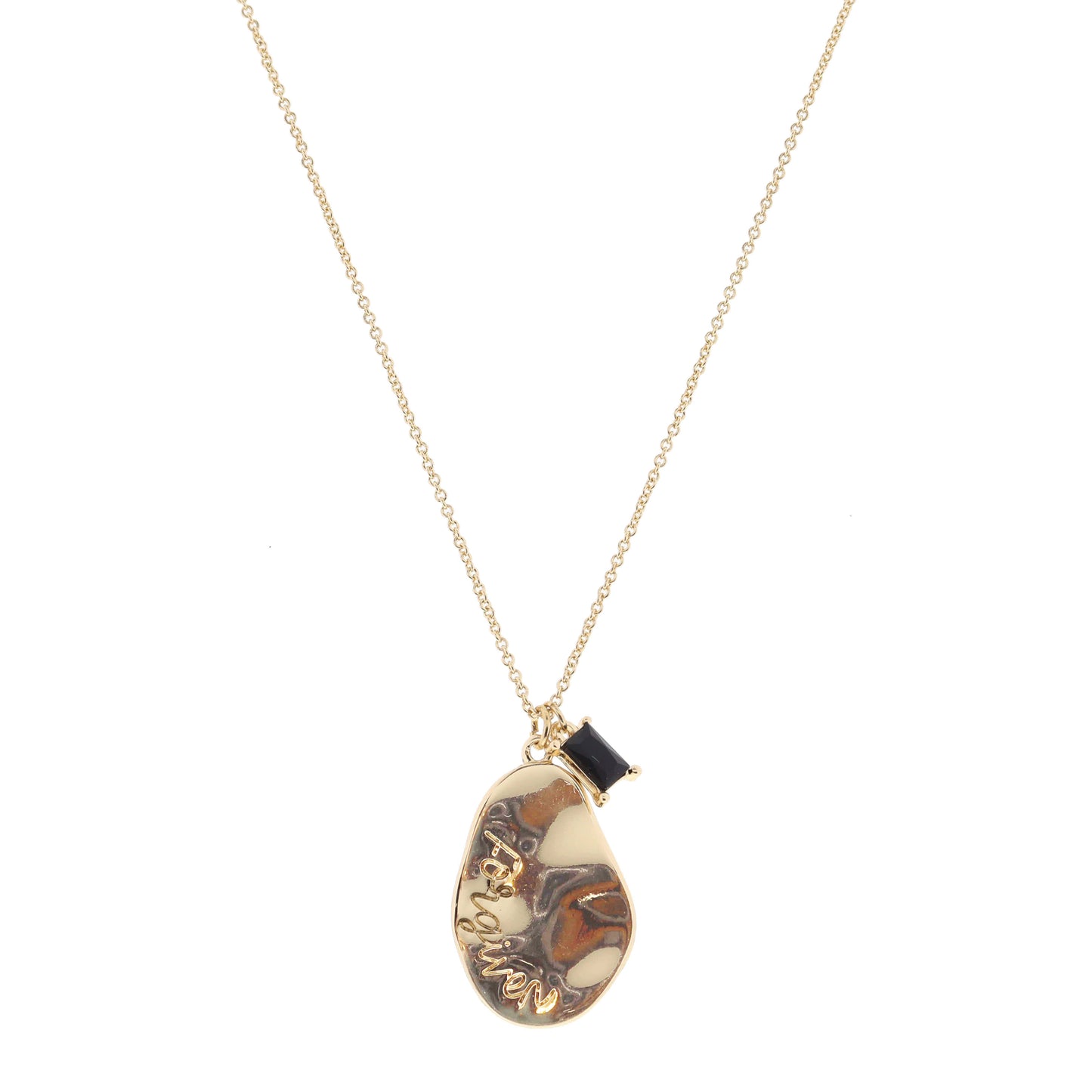 Gold Wavy Organic Oval with "Forgiven" and Jet Baguette Crystal Necklace, .85", .25" Pendants