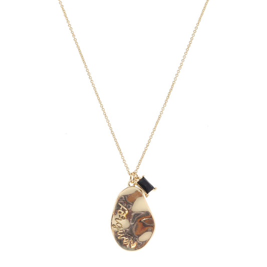 Gold Wavy Organic Oval with "Forgiven" and Jet Baguette Crystal Necklace, .85", .25" Pendants
