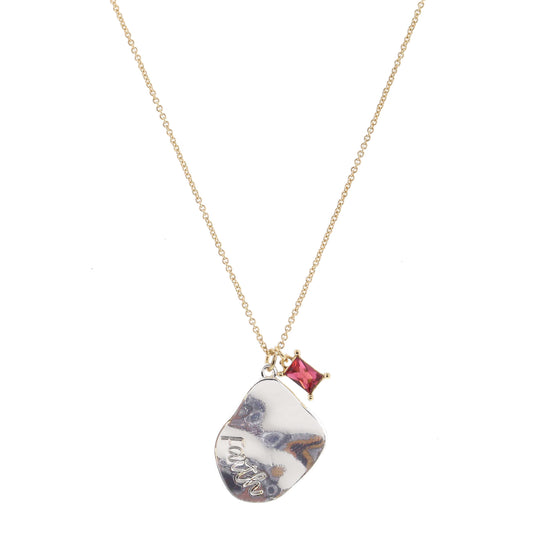Silver Wavy Organic Shape with "Faith" and Rose Baguette Crystal Necklace, .85", .25" Pendants