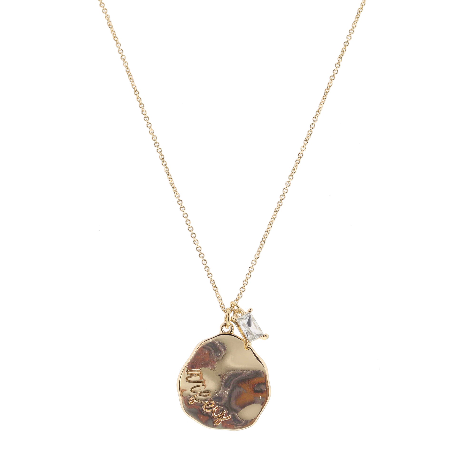 Gold Wavy Disc with "Wifey" and Clear Baguette Crystal Necklace, .75", .25" Pendants