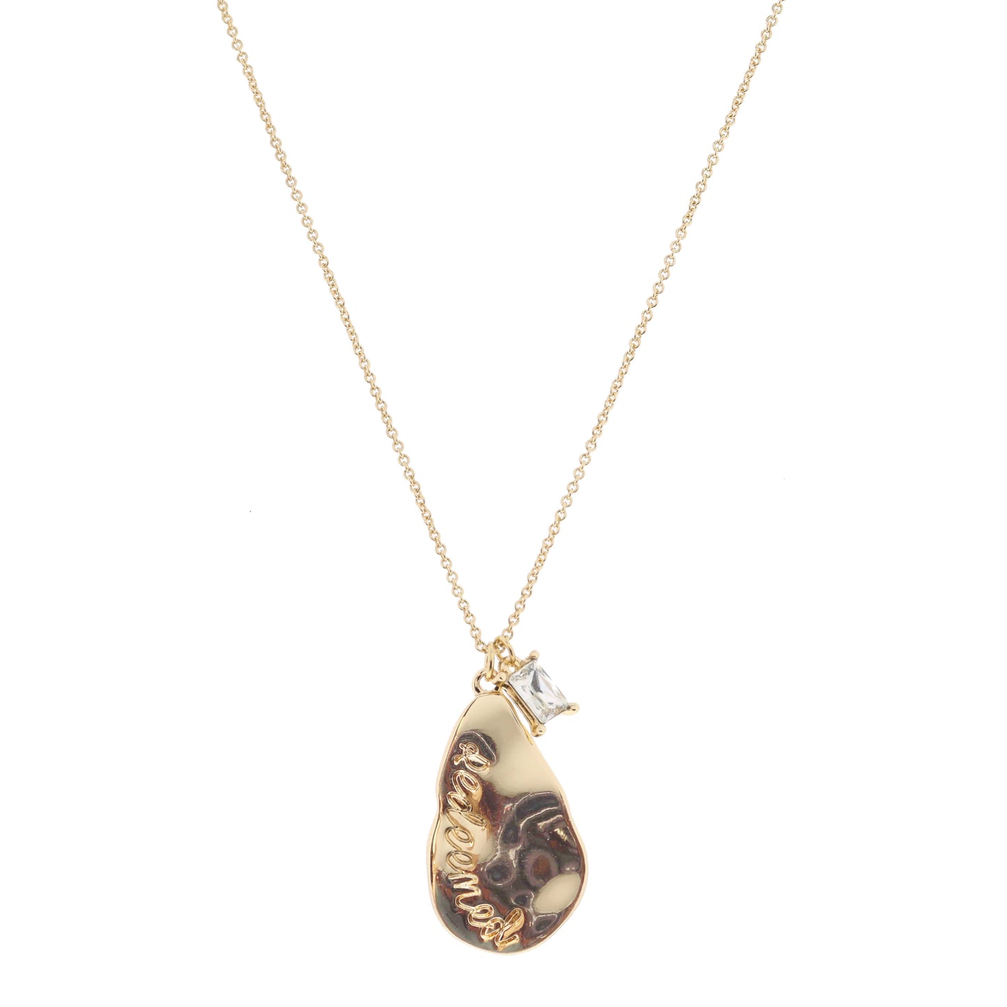 Gold Wavy Teardrop with "Redeemed" and Clear Baguette Crystal Necklace, 1", .25" Pendants