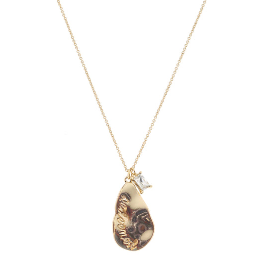 Gold Wavy Teardrop with "Redeemed" and Clear Baguette Crystal Necklace, 1", .25" Pendants