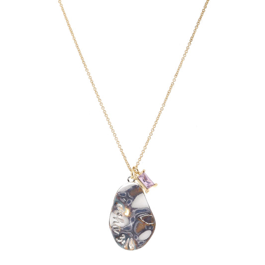 Silver Wavy Organic Oval with "John 3:16" and Pink Baguette Crystal Necklace, .85", .25" Pendants