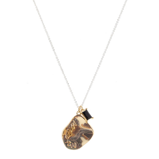 Gold Wavy Organic Shape with "Psalm 46:10" and Jet Baguette Crystal Necklace, .85", .25" Pendants