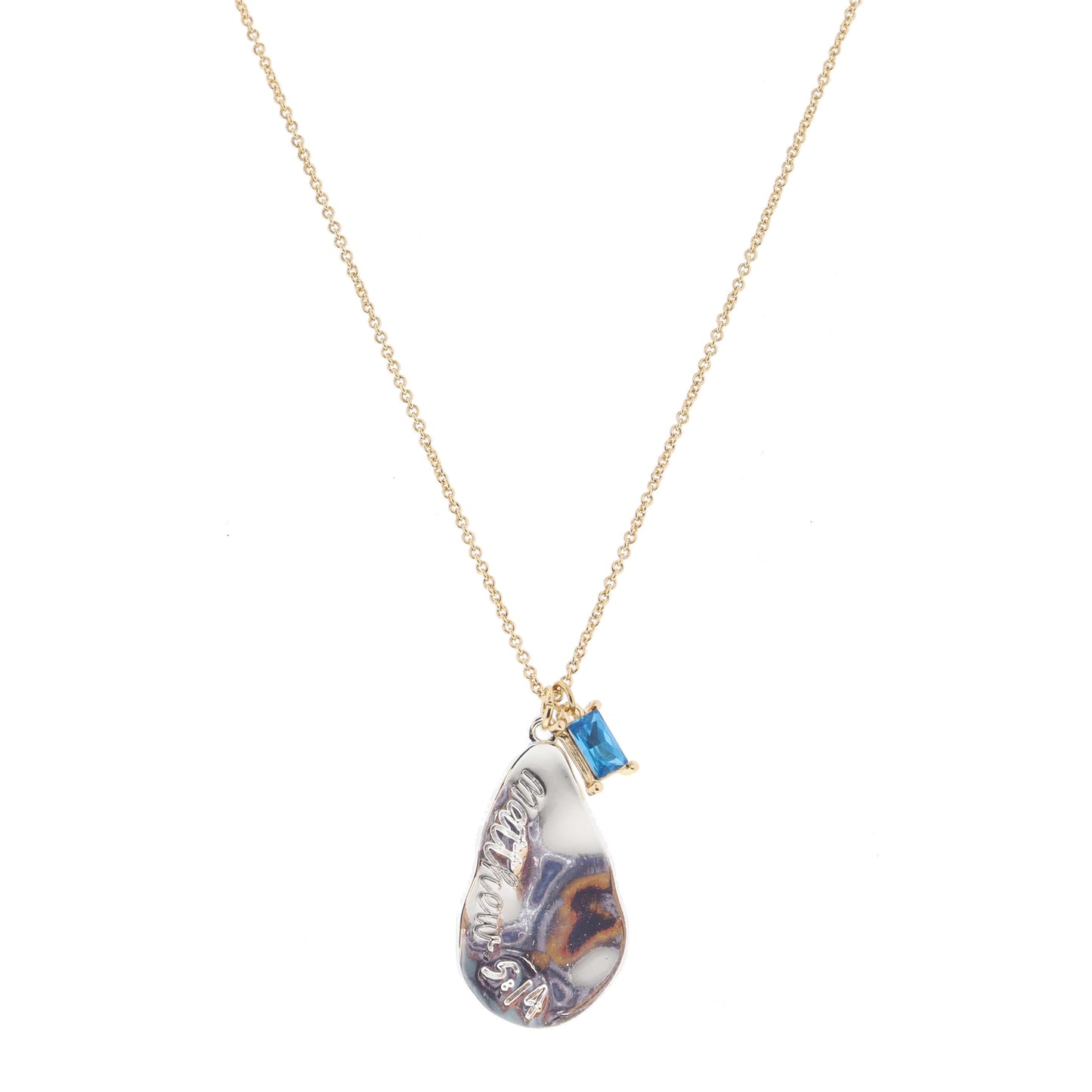 Silver Wavy Teardrop with "Matthew 5:14" and Aquamarine Baguette Crystal Necklace, 1", .25" Pendants