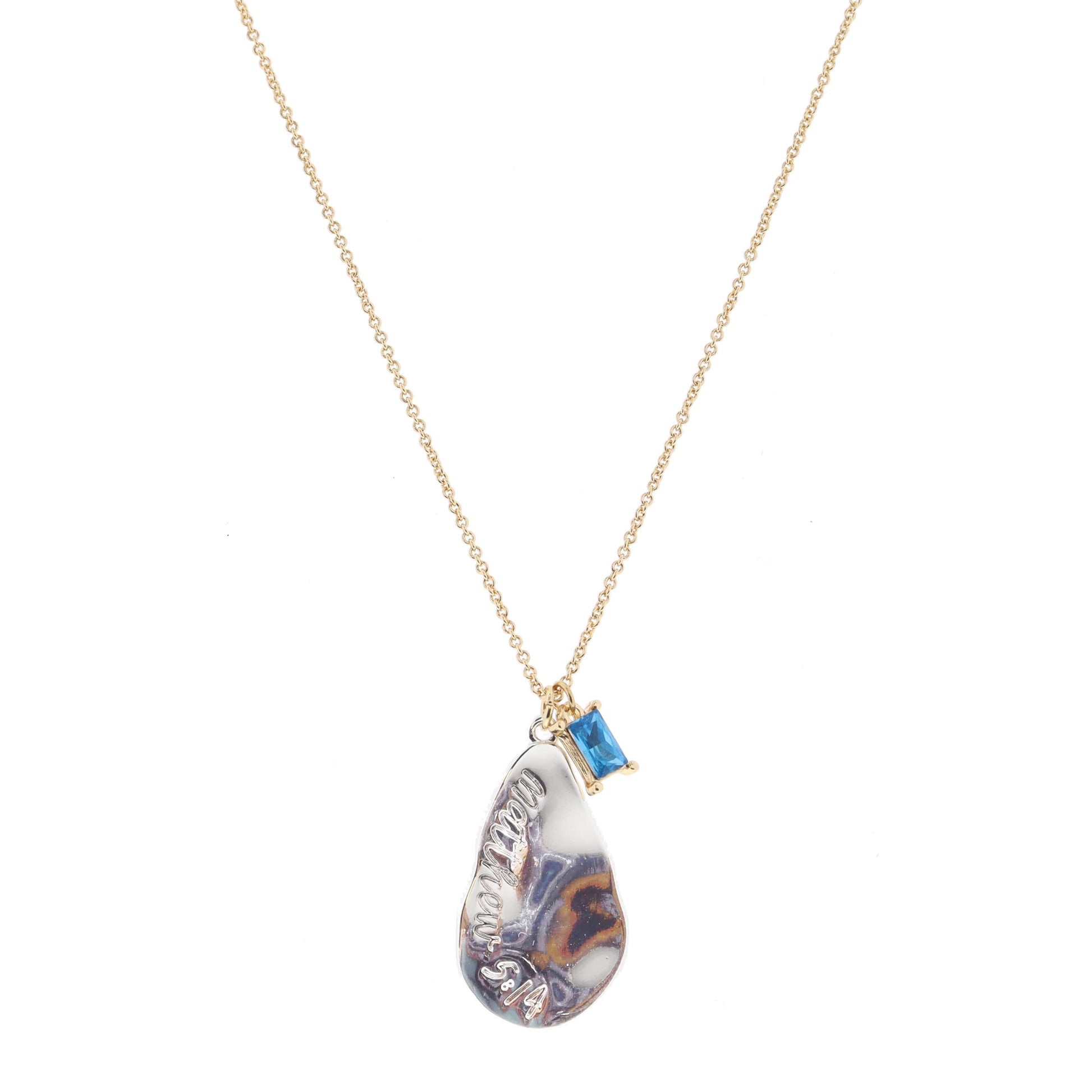 Silver Wavy Teardrop with "Matthew 5:14" and Aquamarine Baguette Crystal Necklace, 1", .25" Pendants