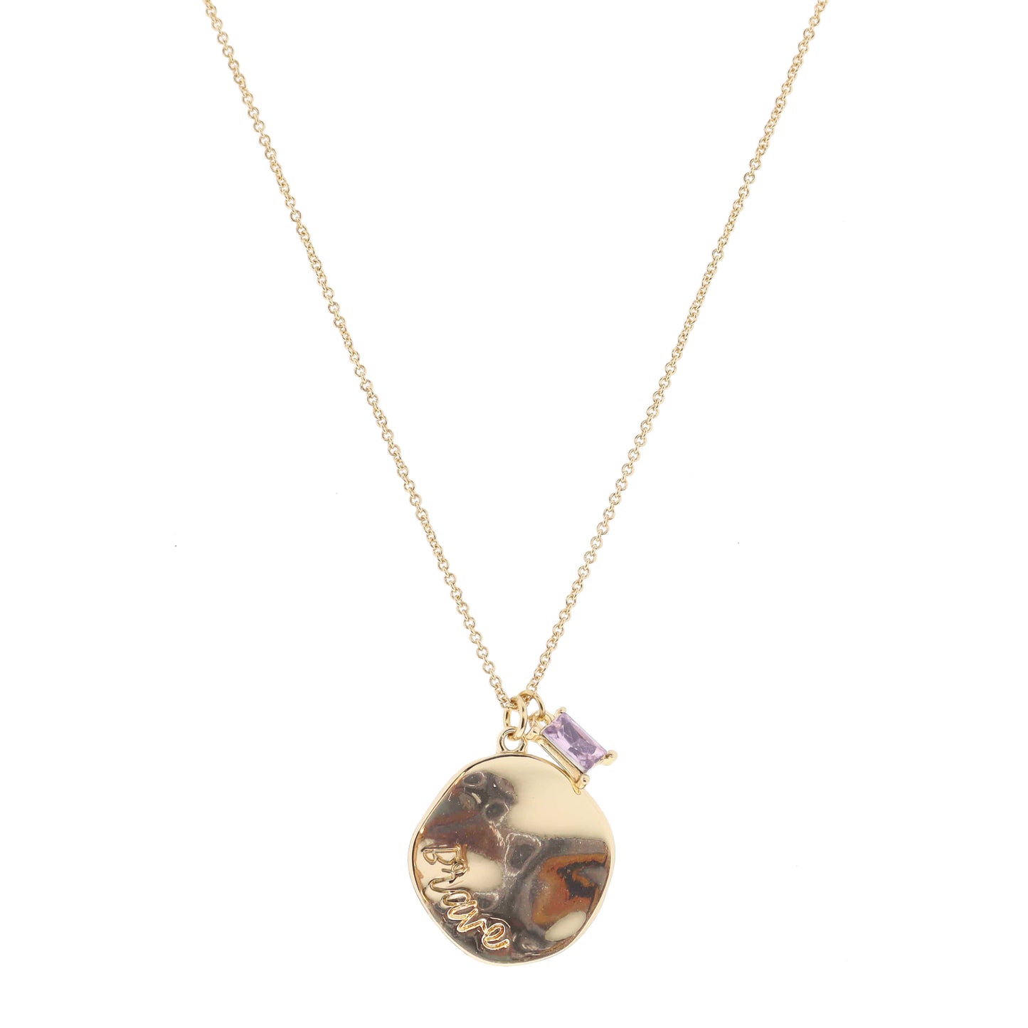 Gold Wavy Disc with "Brave" and Light Pink Baguette Crystal Necklace, .75", .25" Pendants