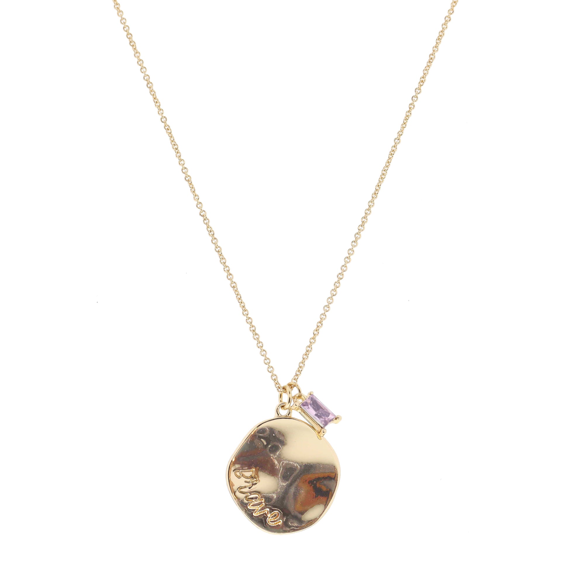 Gold Wavy Disc with "Brave" and Light Pink Baguette Crystal Necklace, .75", .25" Pendants