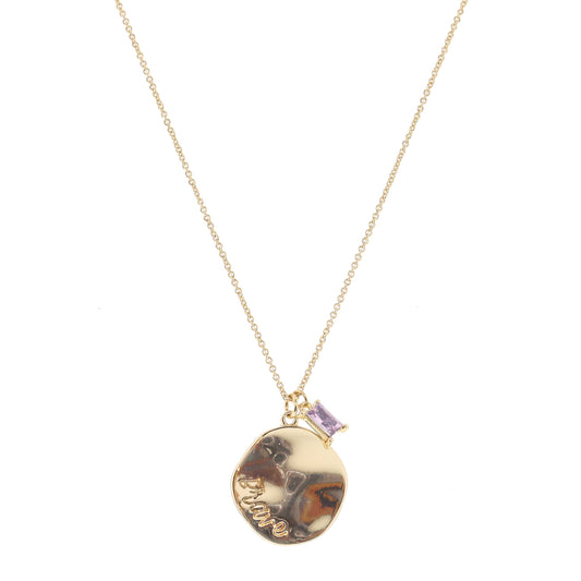 Gold Wavy Disc with "Brave" and Light Pink Baguette Crystal Necklace, .75", .25" Pendants