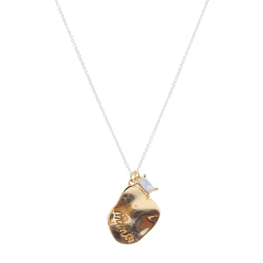 Gold Wavy Organic Shape with "Mama" and Moonstone Baguette Crystal Necklace, .85", .25" Pendants