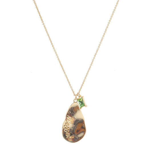 Gold Wavy Teardrop with "Blessed" and Peridot Baguette Crystal Necklace, 1", .25" Pendants