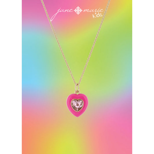 Kids Hot Pink Enamel with Light Pink Crystal Heart Necklace, .5" Pendant