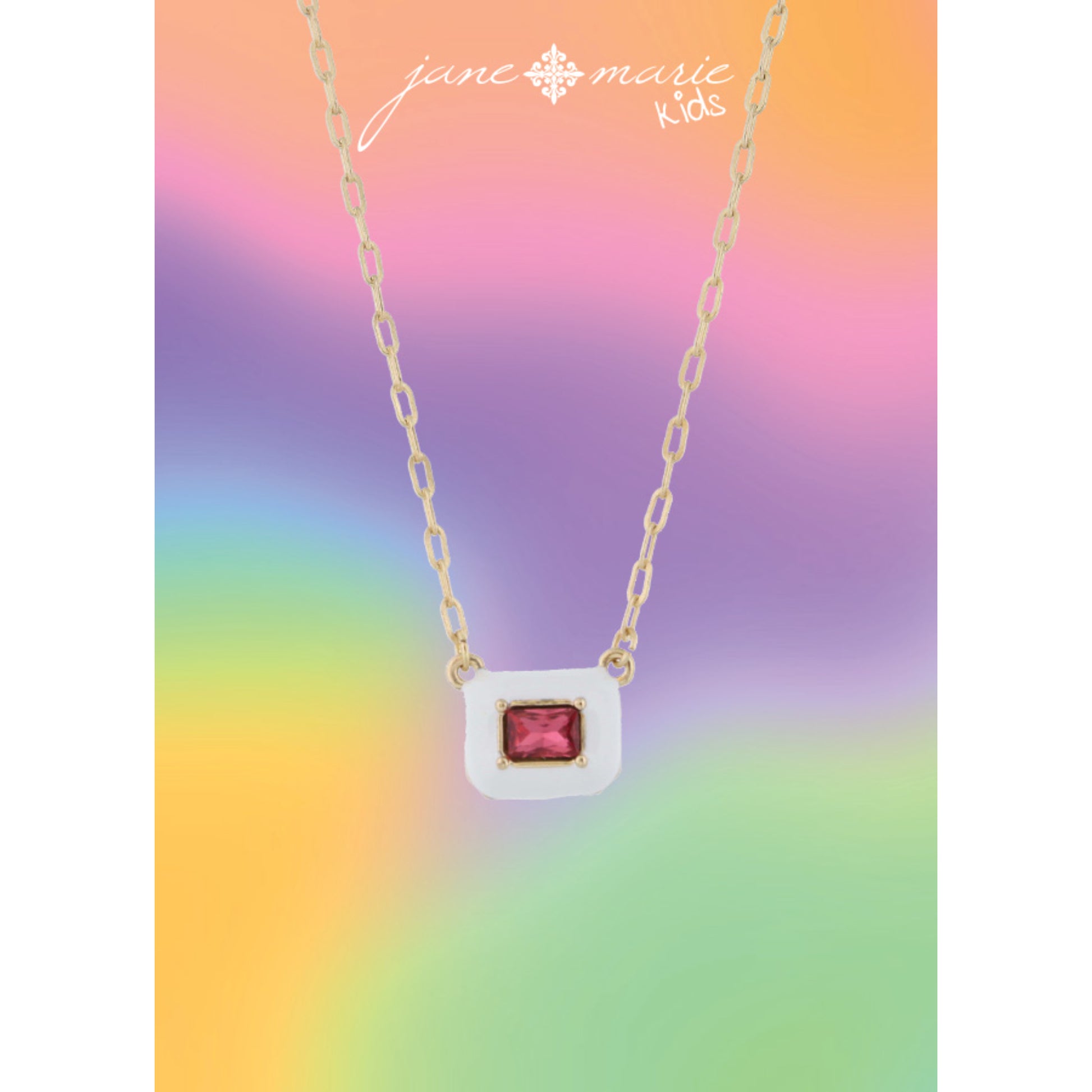 Kids White Enamel with Hot Pink Crystal Rectangle Necklace, .35" Pendant