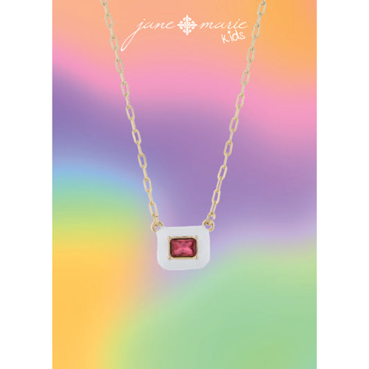 Kids White Enamel with Hot Pink Crystal Rectangle Necklace, .35" Pendant