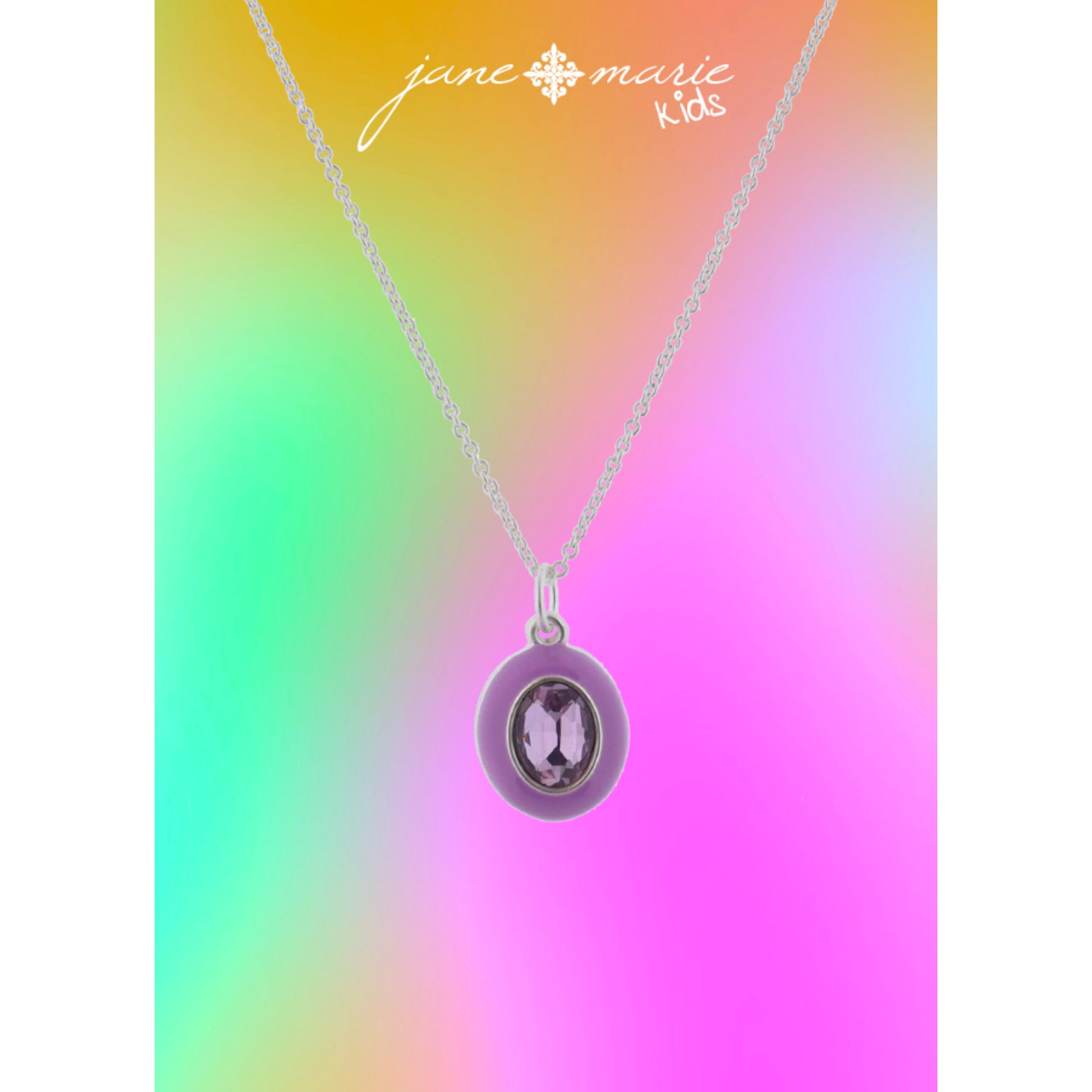 Kids Lavender Enamel with Light Purple Crystal Oval Necklace, .5" Pendant