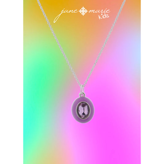 Kids Lavender Enamel with Light Purple Crystal Oval Necklace, .5" Pendant