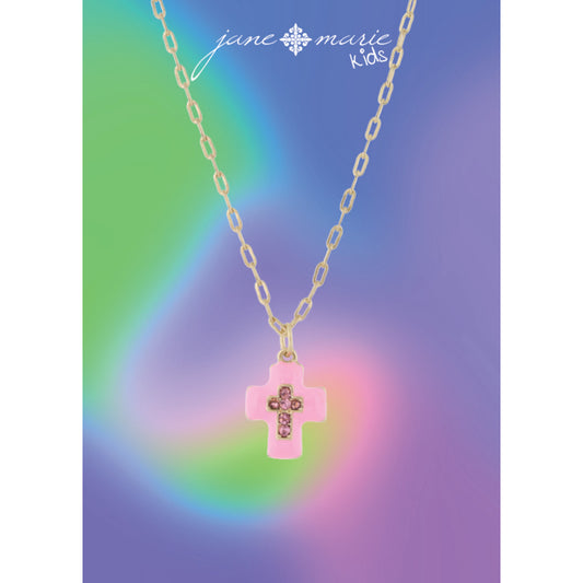 Kids Peachy Pink Enamel with Fuchsia Crystal Heart Necklace, .5" Pendant
