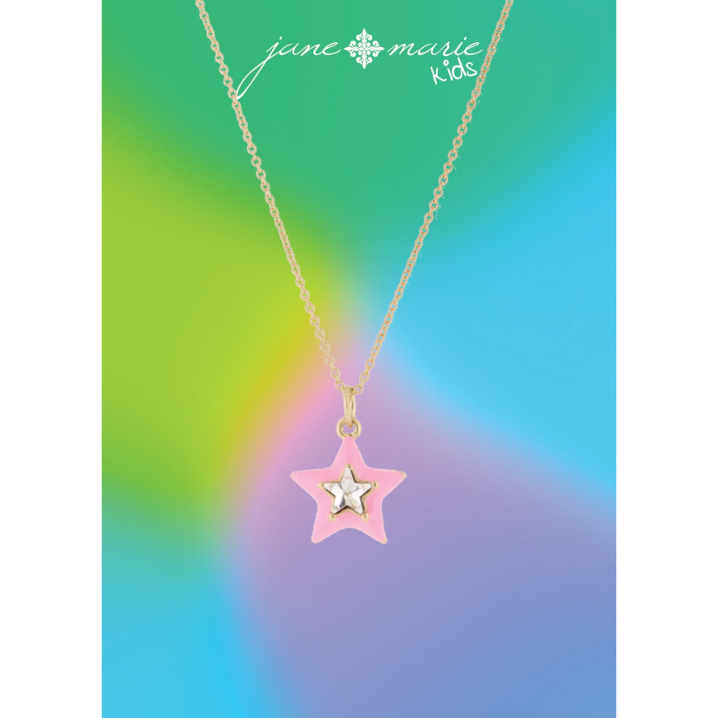 Kids Pink Enamel with Clear Crystal Star Necklace, .5" Pendant