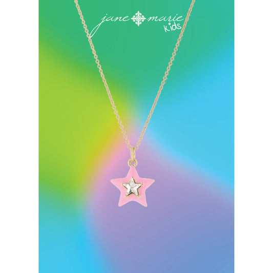 Kids Pink Enamel with Clear Crystal Star Necklace, .5" Pendant