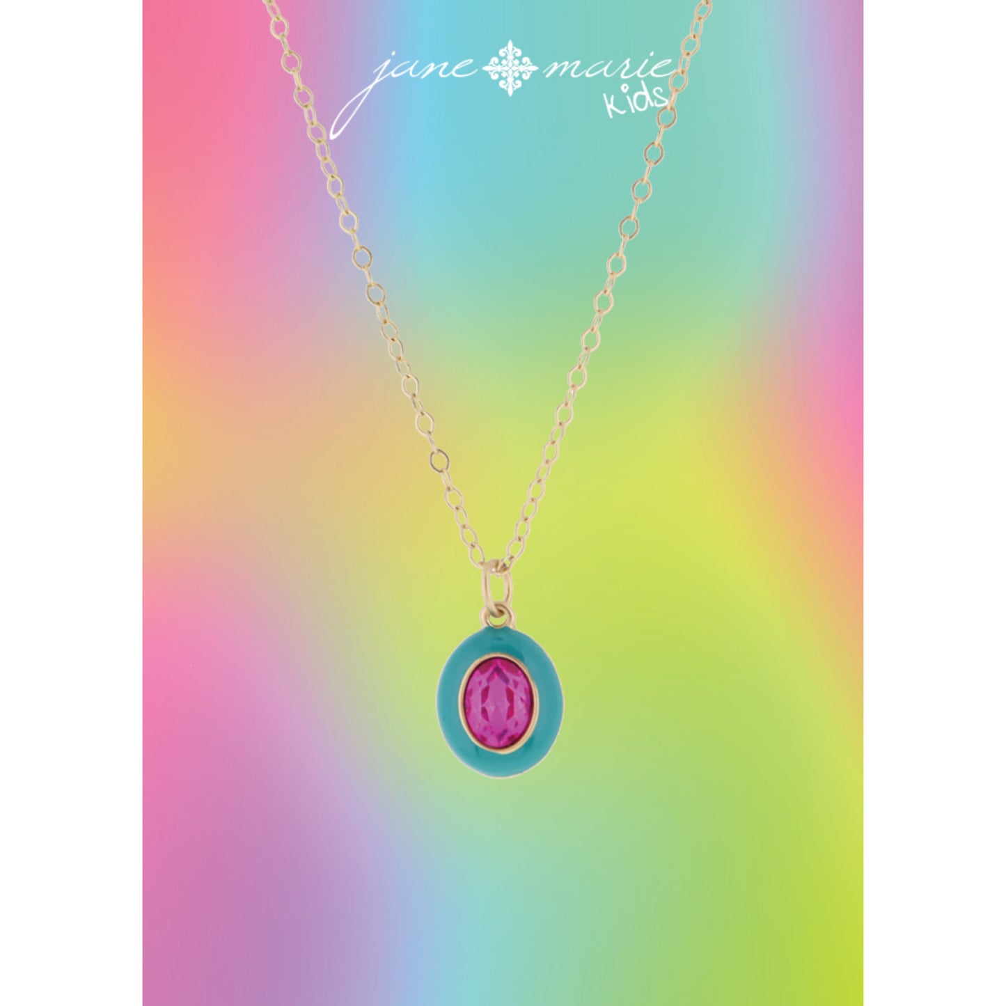 Kids Teal Enamel with Fuchsia CrystalOval Necklace, .5" Pendant