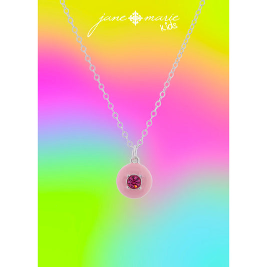 Kids Light Pink Enamel with Hot Pink Crystal Circle Necklace, .5" Pendant